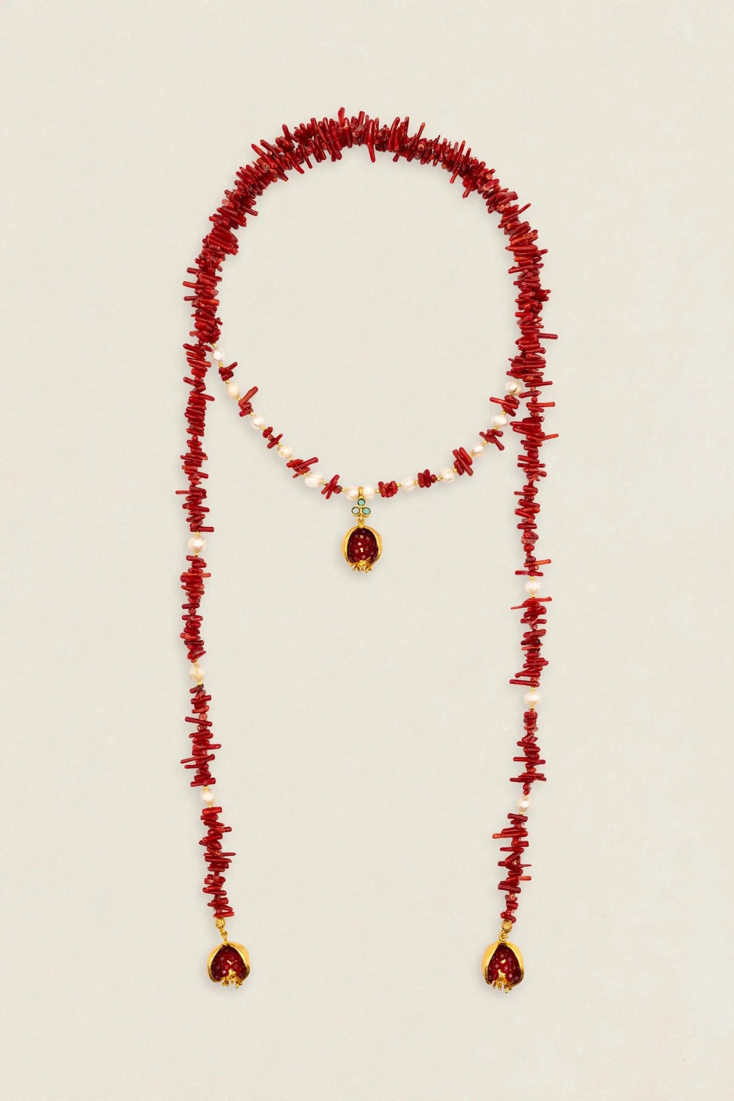 Collar Mónica corales rojos, perlas y granadas CO05