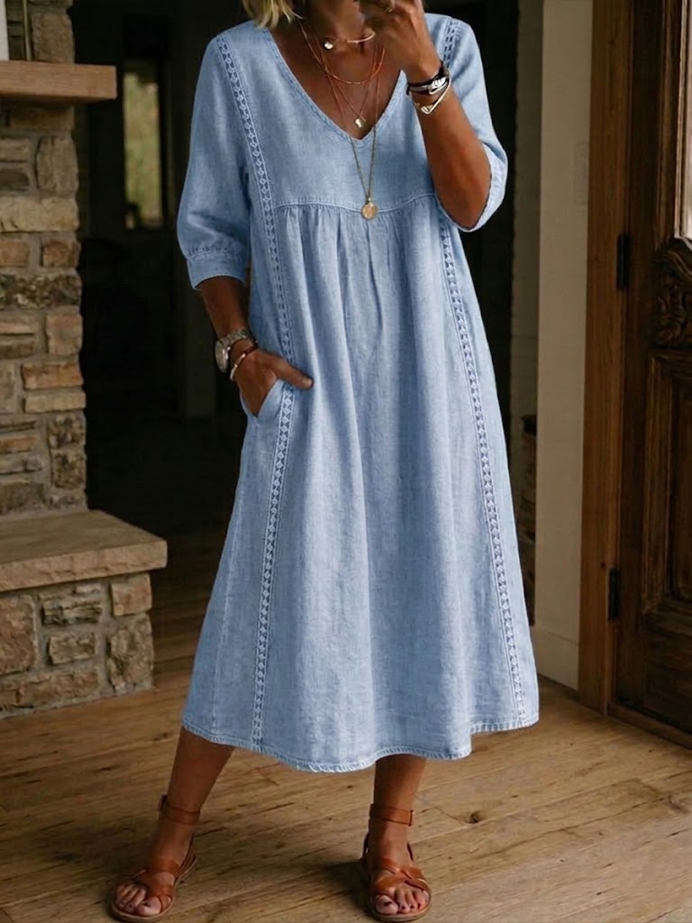 Maxi holgado de lino y algodón con encaje — modelo Vestido Alba™ (imagen 7)