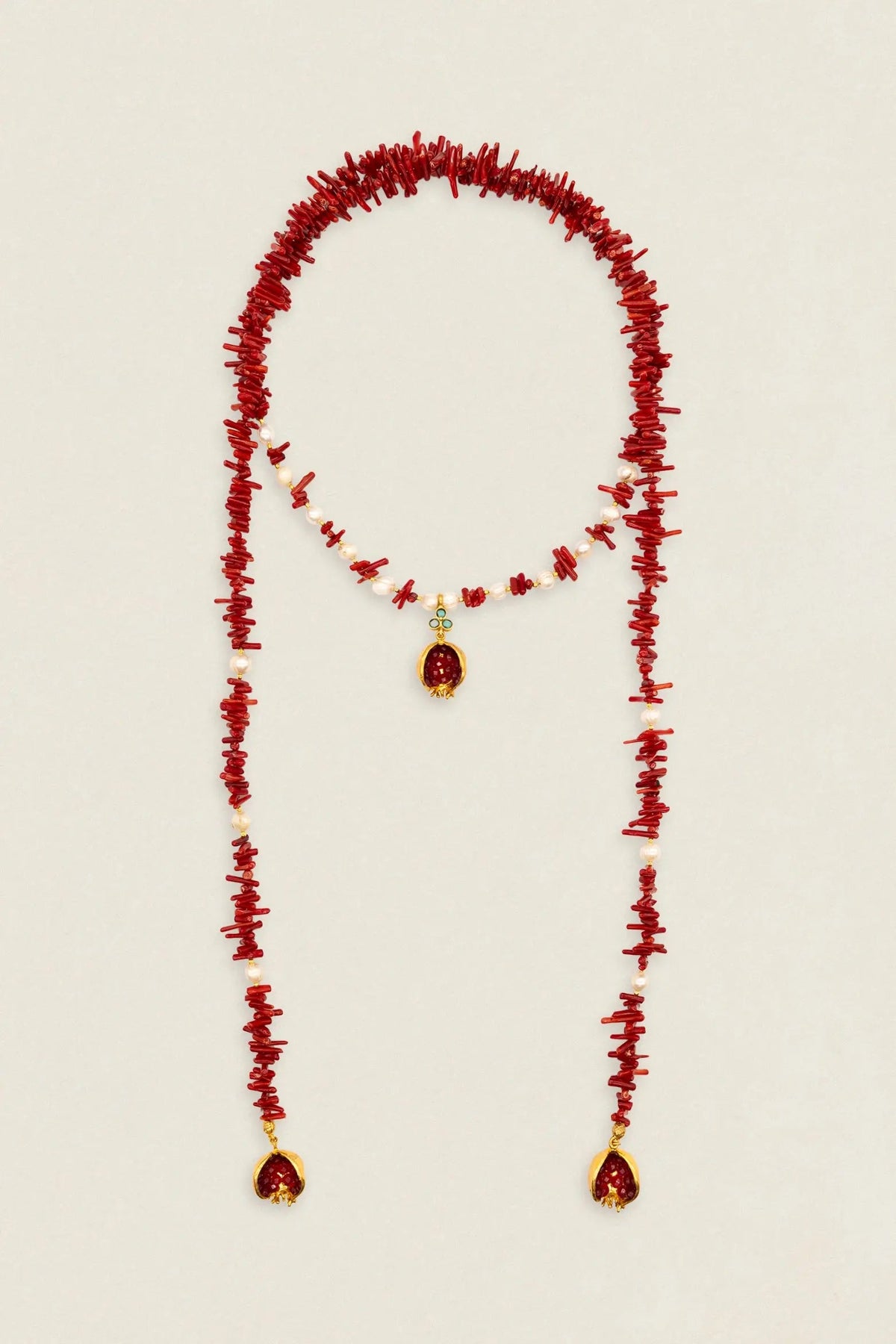 Collar Mónica corales rojos, perlas y granadas CO05