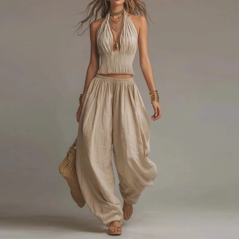 Conjunto Boho Chic Ibiza de 2 Piezas – Top Halter Calado y Pantalón Fluido de Cintura Elástica (imagen 3)