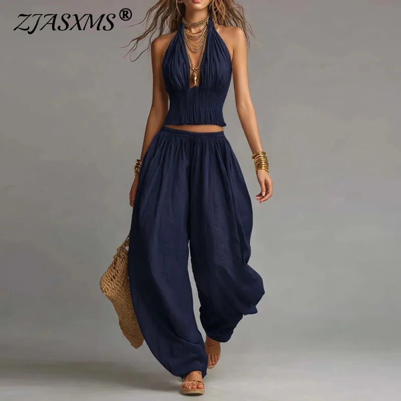 Conjunto Boho Chic Ibiza de 2 Piezas – Top Halter Calado y Pantalón Fluido de Cintura Elástica (imagen 5)
