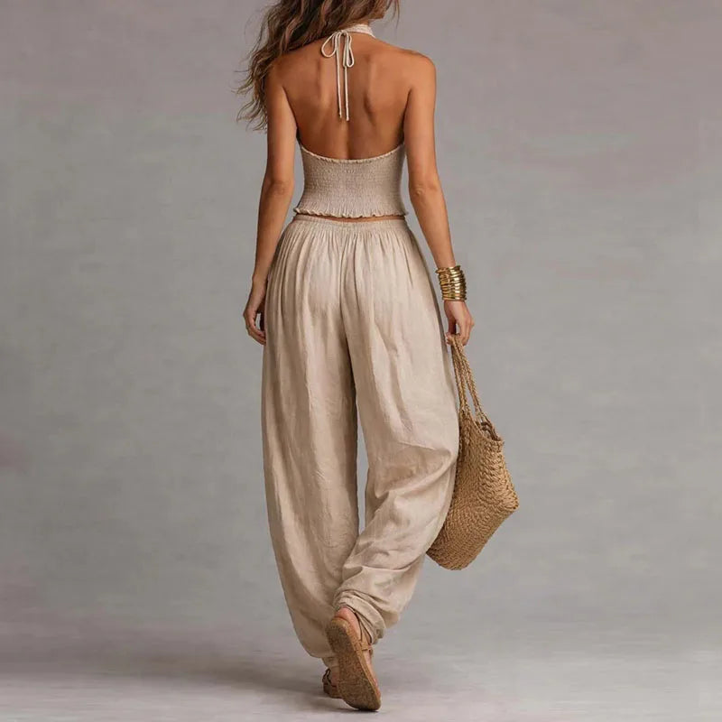 Conjunto Boho Chic Ibiza de 2 Piezas – Top Halter Calado y Pantalón Fluido de Cintura Elástica (imagen 7)