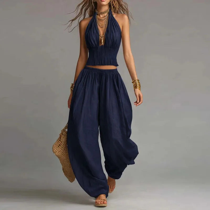 Conjunto Boho Chic Ibiza de 2 Piezas – Top Halter Calado y Pantalón Fluido de Cintura Elástica (imagen 2)