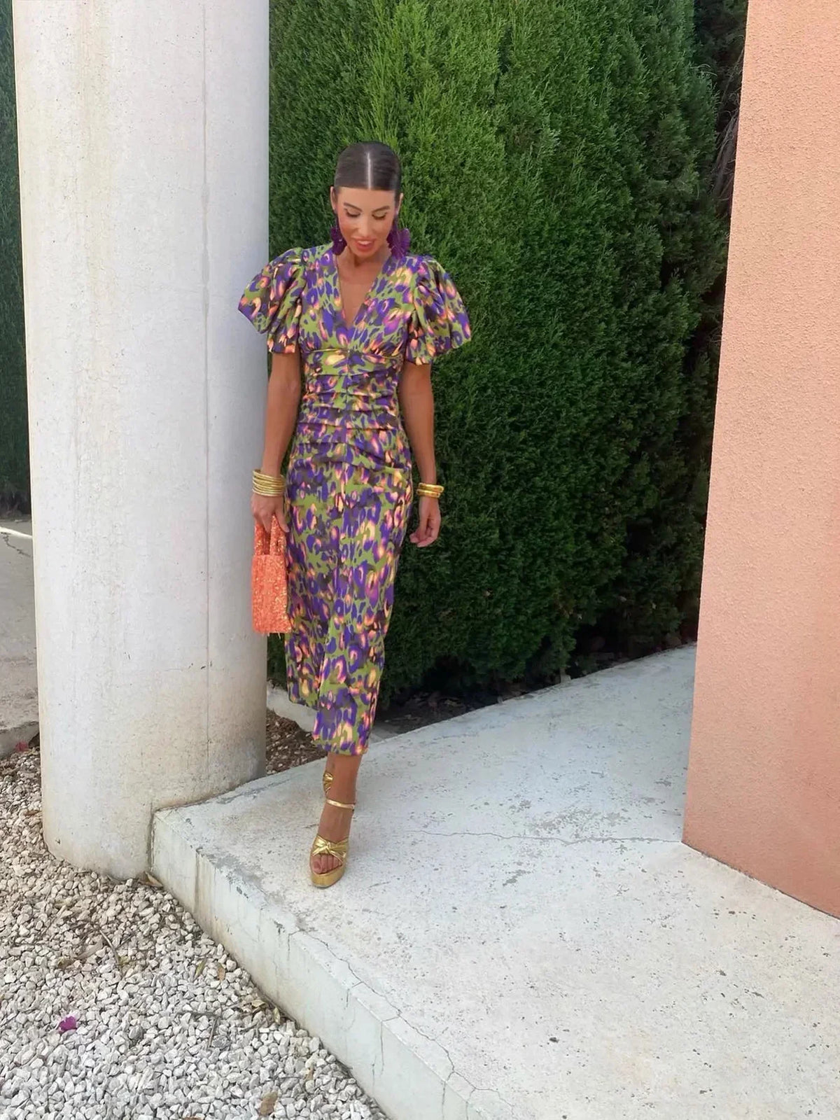 Vestido Lorena™ - Floral Midi Vibrante con Mangas Abullonadas (imagen 3)