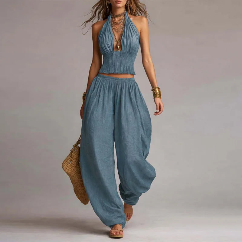 Conjunto Boho Chic Ibiza de 2 Piezas – Top Halter Calado y Pantalón Fluido de Cintura Elástica (imagen 4)
