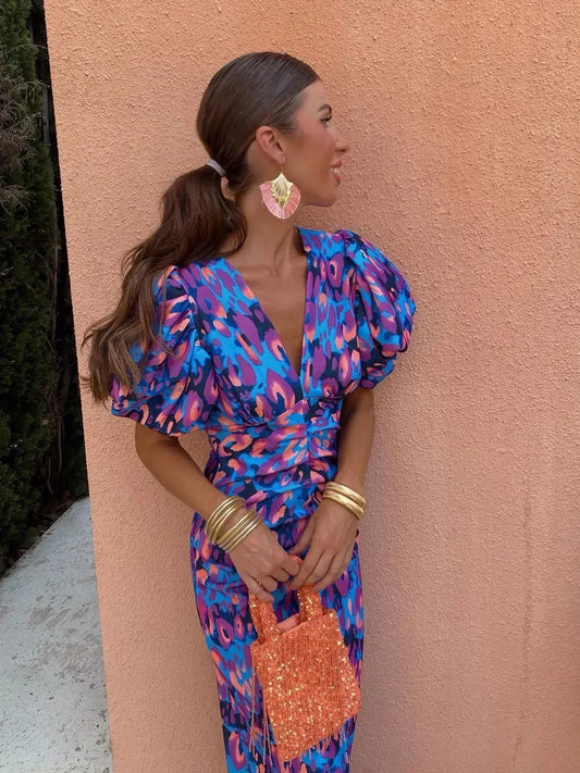 Vestido Lorena™ - Floral Midi Vibrante con Mangas Abullonadas