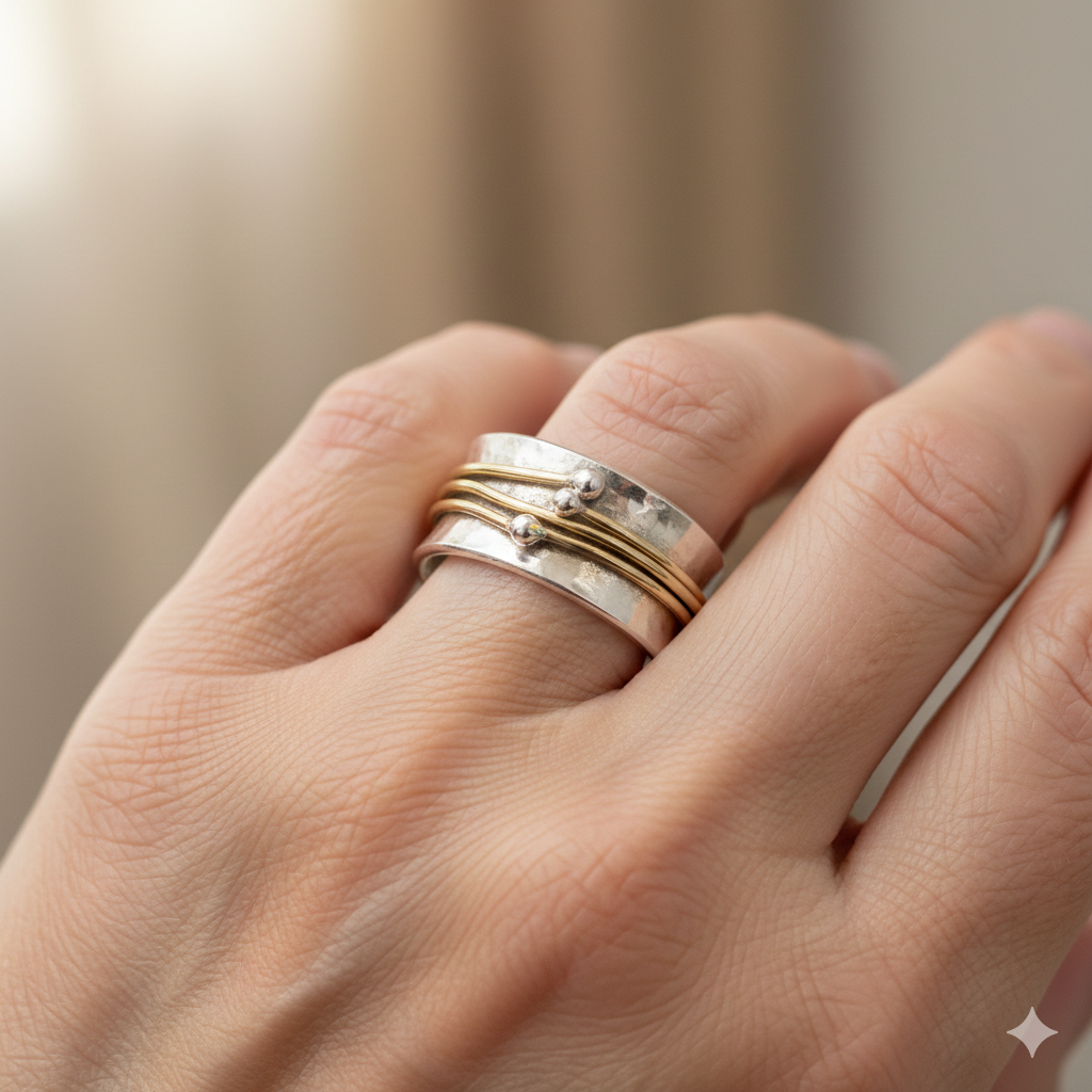 Anillo vintage bicolor dorado y plateado con circón (imagen 4)