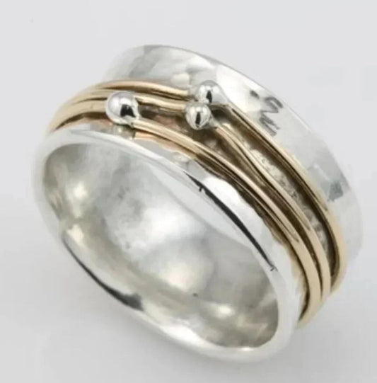 Anillo vintage bicolor dorado y plateado con circón