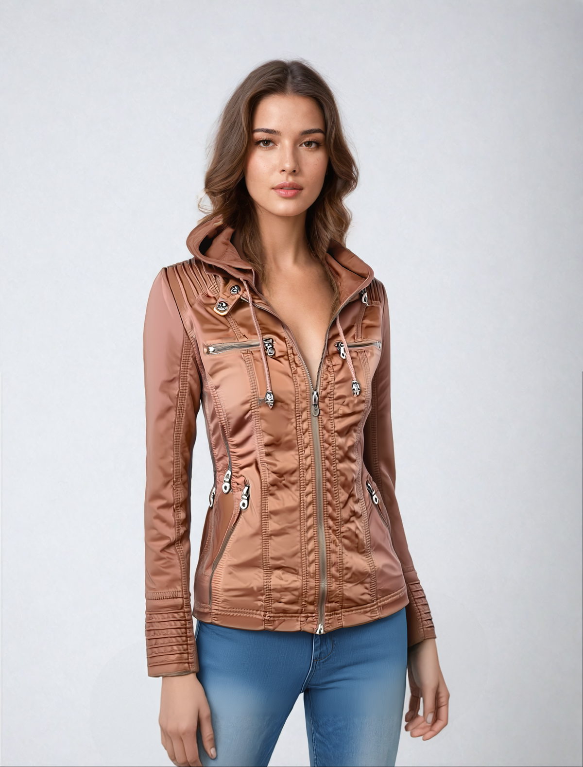 Chaqueta de Piel con Capucha — modelo Jimena