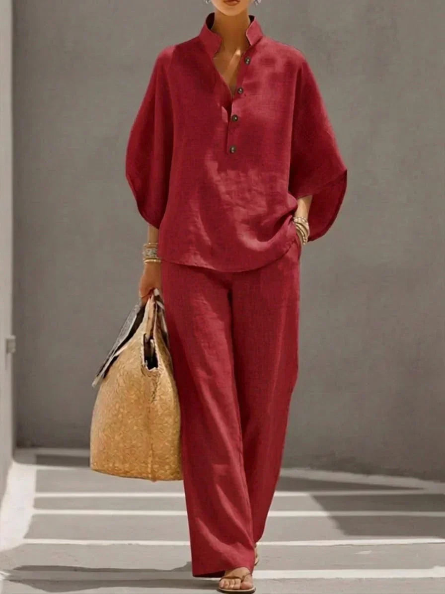 Conjunto de lino con mangas tipo murciélago y pantalones anchos — modelo Maribel (imagen 2)